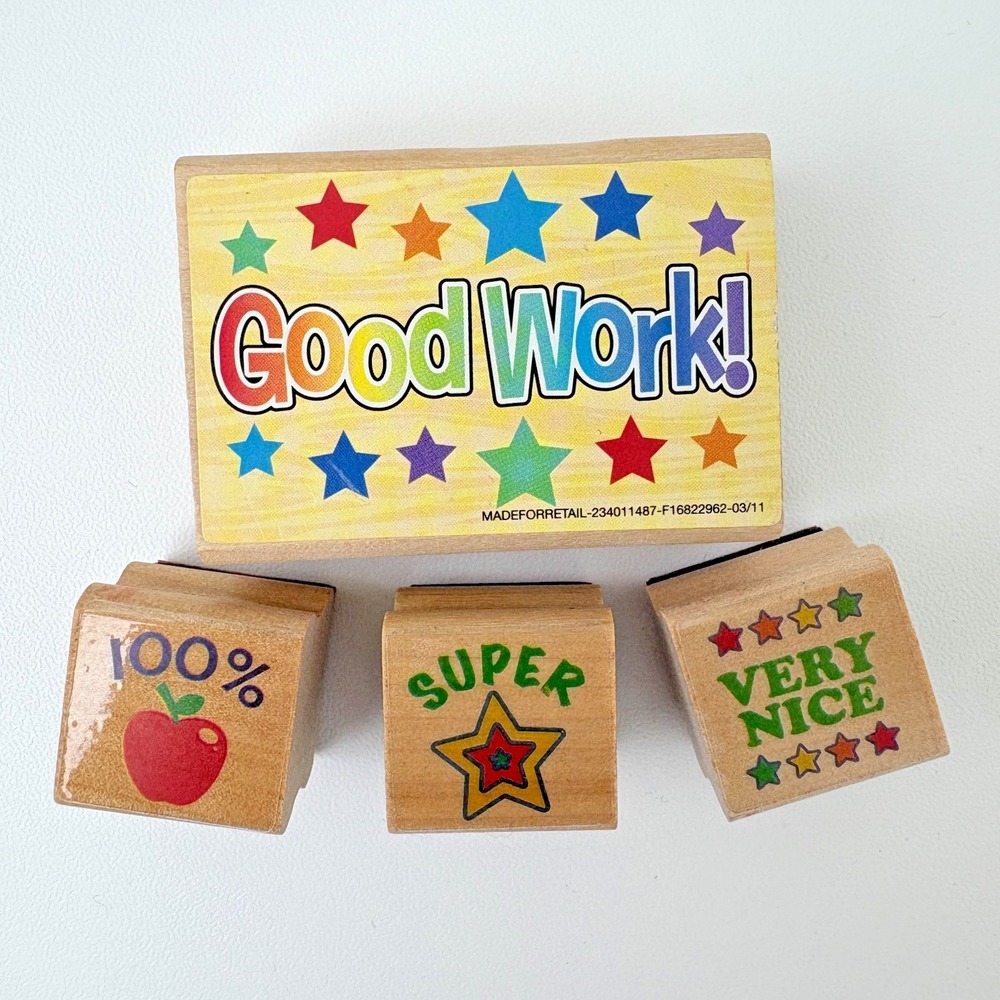 Vintage Teacher Wooden Rubber Stamps Good Work Classroom Lot of 4 Homeschool